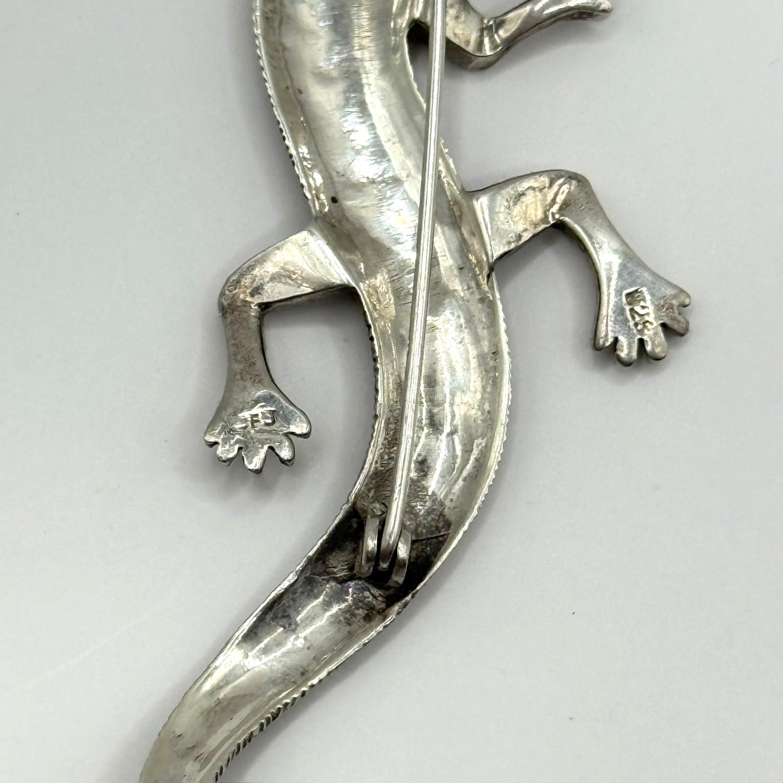 Vintage Marcasite Gem Lizard Pin Brooch 925 Sterling Silver Signed FJ 12.58g