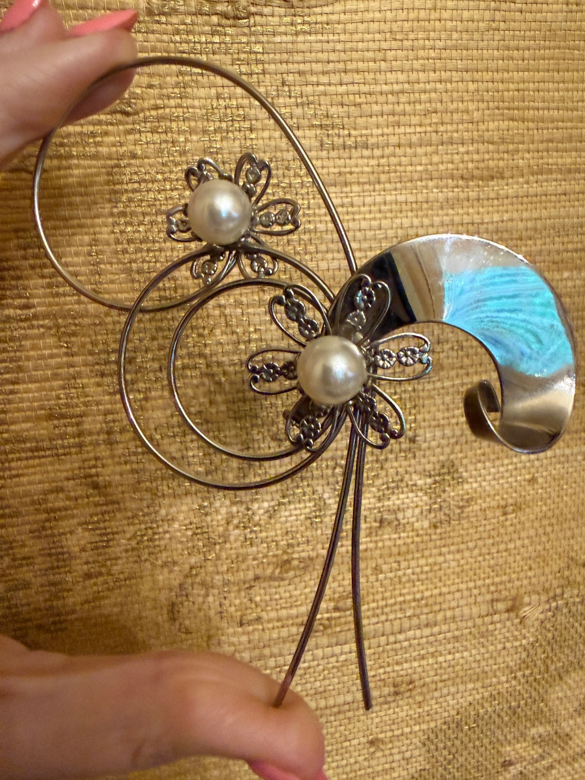 Vintage Abstract Modernist Brooch PinSilver Tone Faux Pearl LARGE Floral 1960s