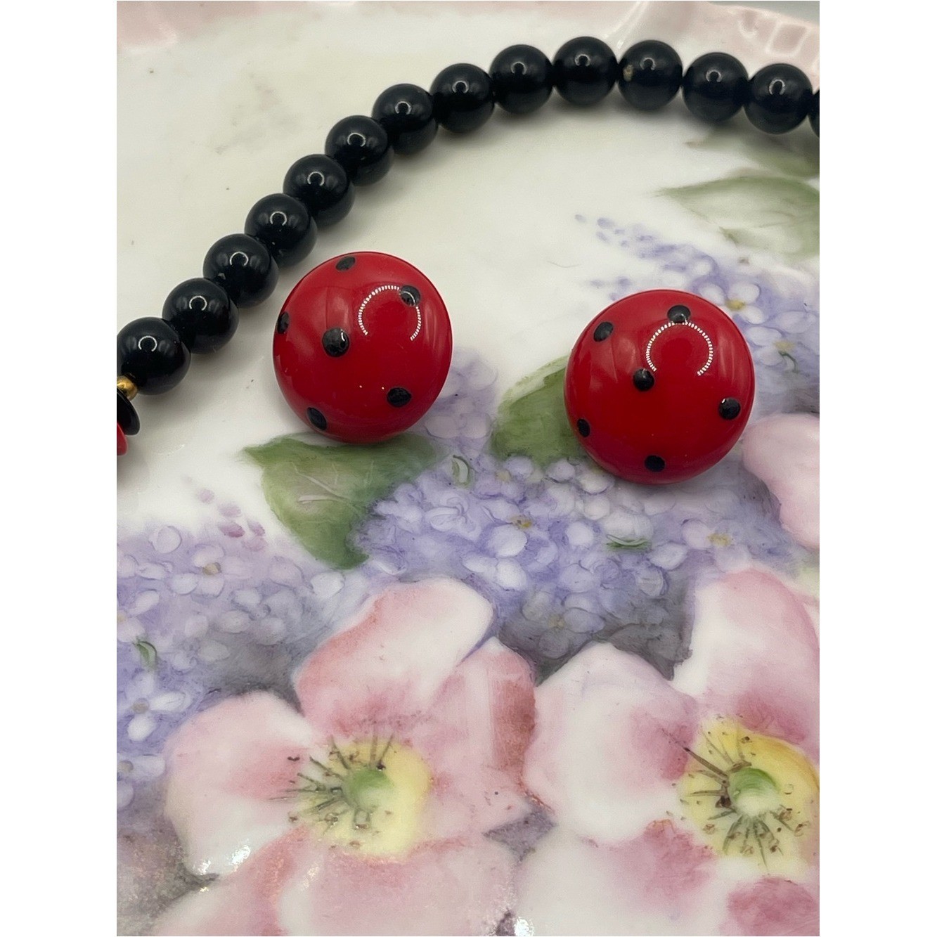 Vintage Red and Black Beaded Statement Necklace and Earrings Set