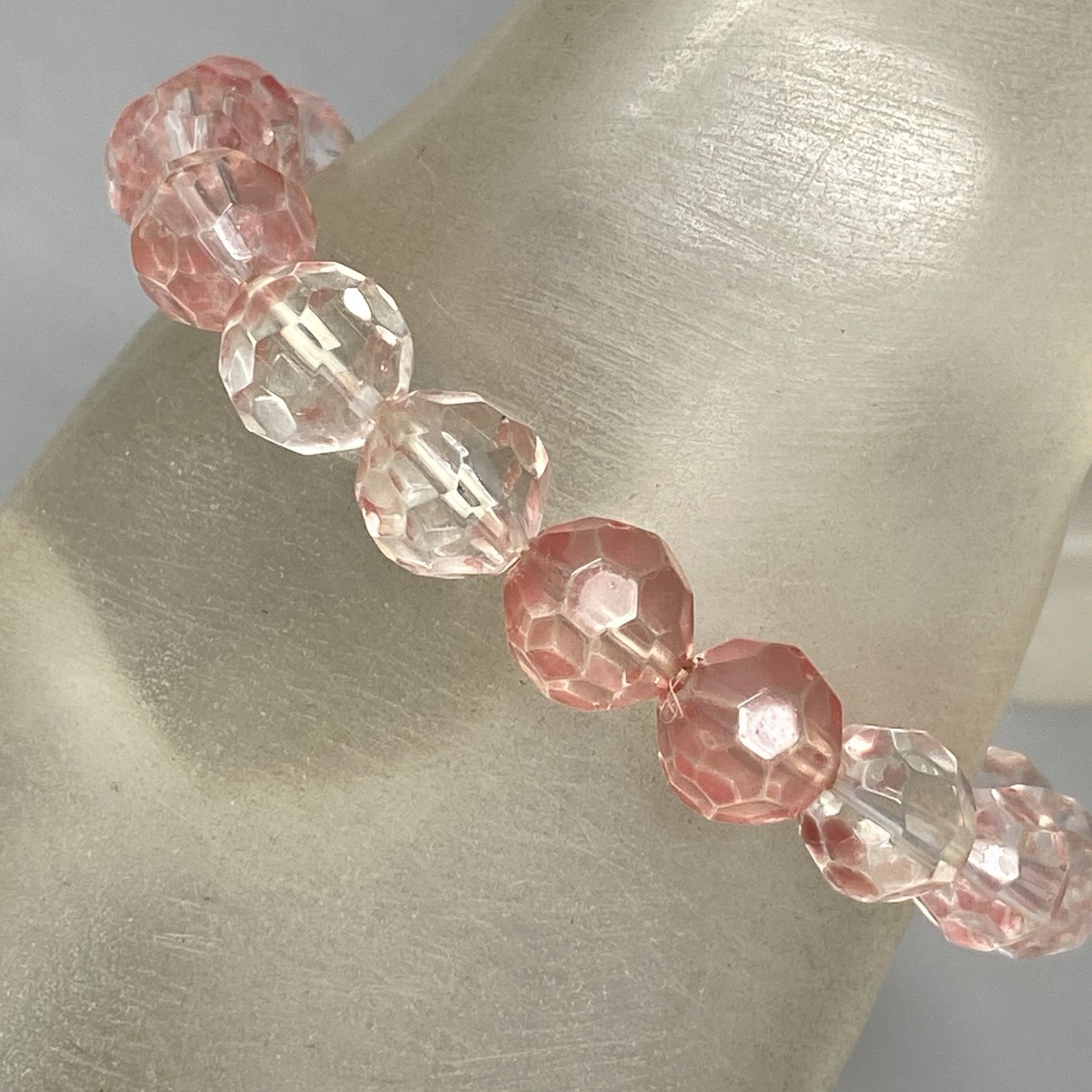 Pink Glass Beaded Bracelet Fire Polished Faceted Stretch Elastic Iridescent 6″