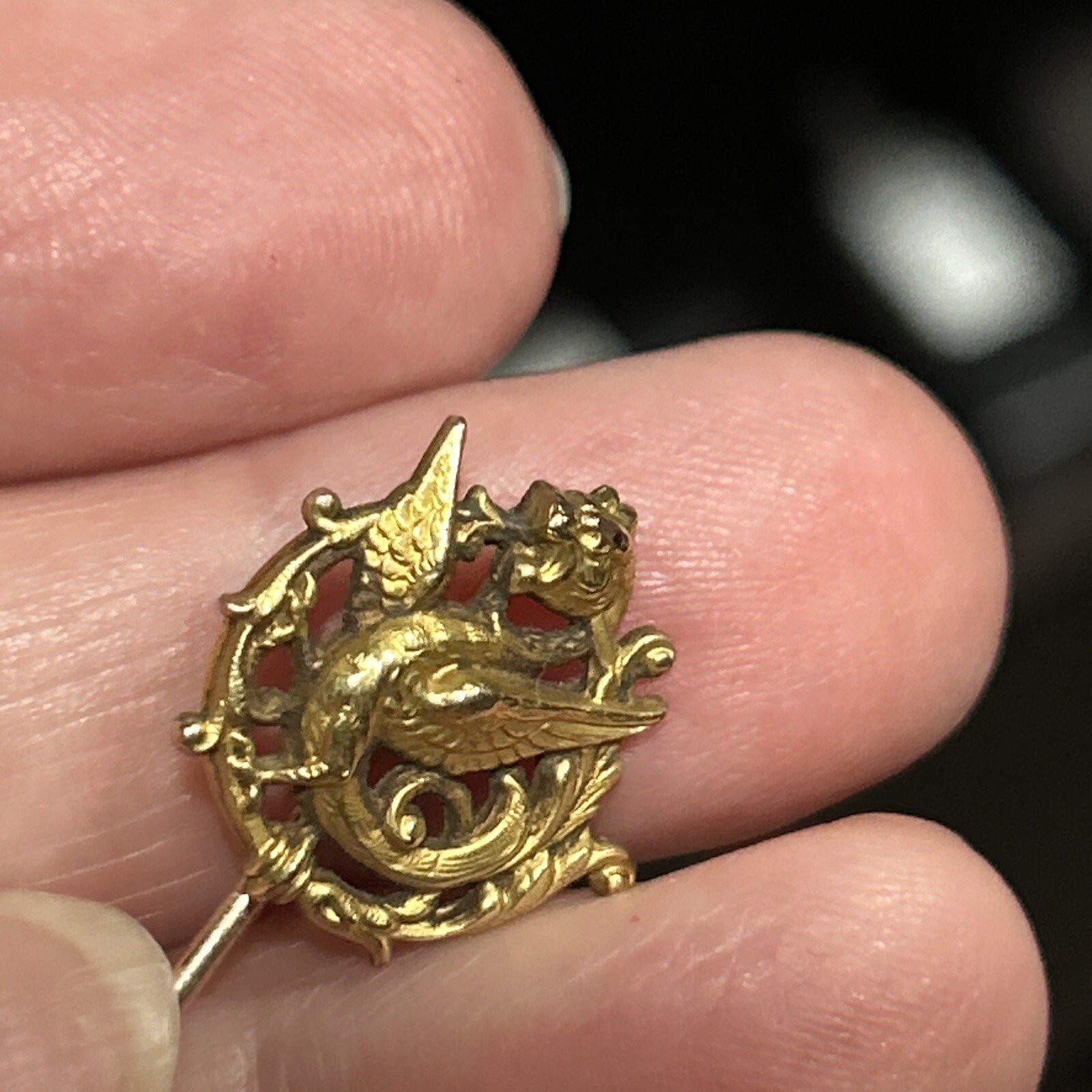 c1900s Stick Hat Lapel Pin Dragon Serpent Chimera Gold Fill French Stamp