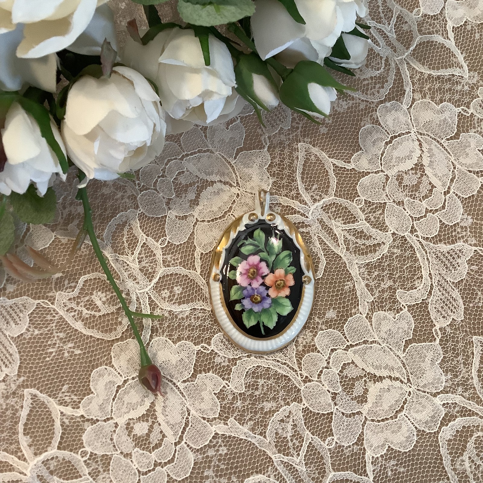 white black floral hand painted large porcelain vintage pendant 2.5″ victorian