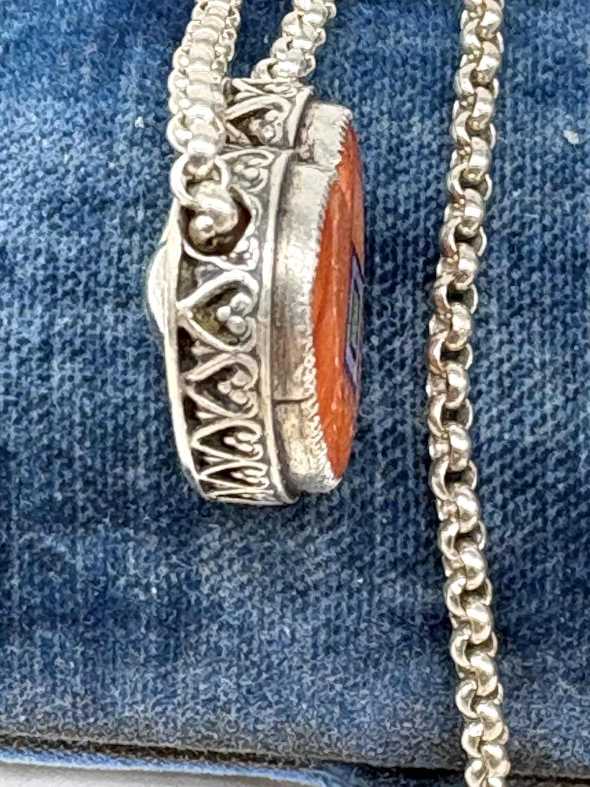 Aldrich Art Jewelry Necklace Orange Heart Inlay Sterling Silver Vintage 18″
