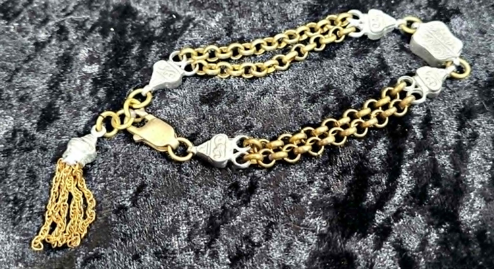 Antique Victorian Double Strand Albertina Bracelet Brass & Silver Tone Belcher