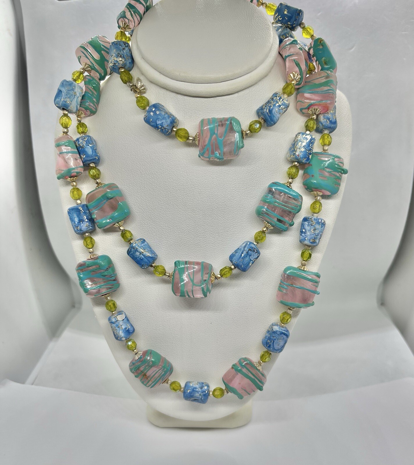 Vintage Pastel Colorful Lucite Beads in Various Shapes Strand Necklace 40”