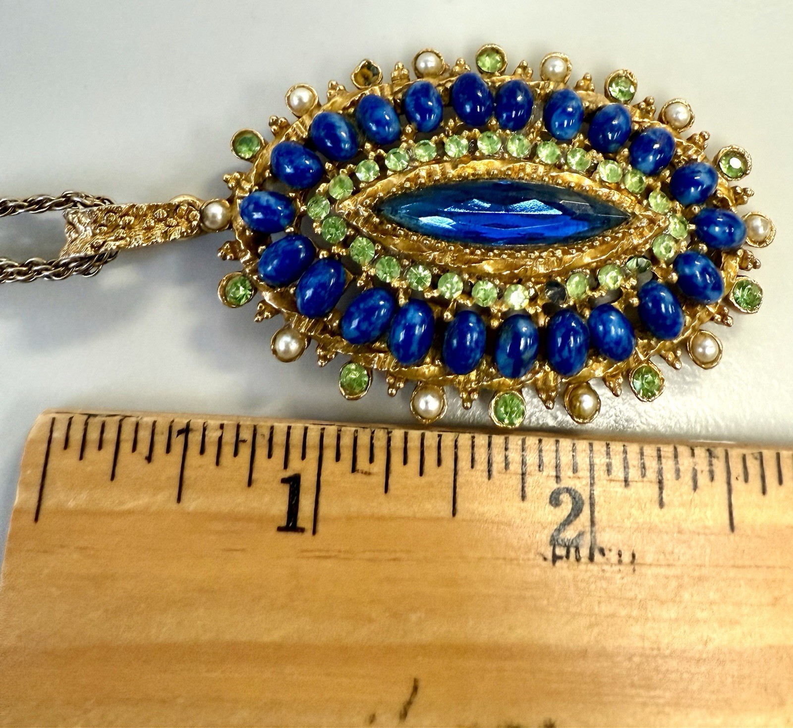 Vintage Gold Tone Pendant Necklace Signed Korea Blue Art Glass Regency Style