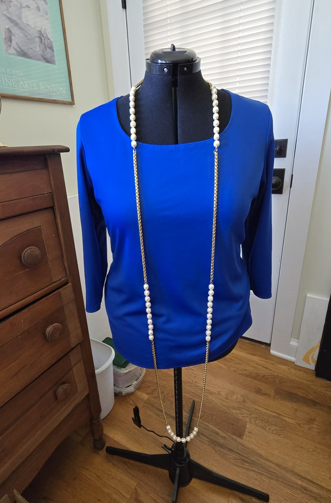 Very Long Endless Pearl and Gold spiga wheat Chain Necklace 80″