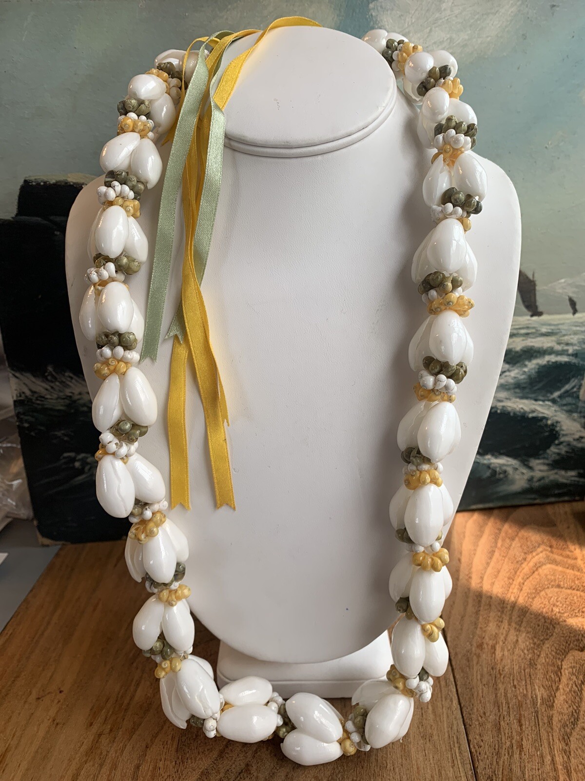 Vintage Hawaiian Shell Lei Necklace With Ribbons Handmade 26” Long-AMAZING !
