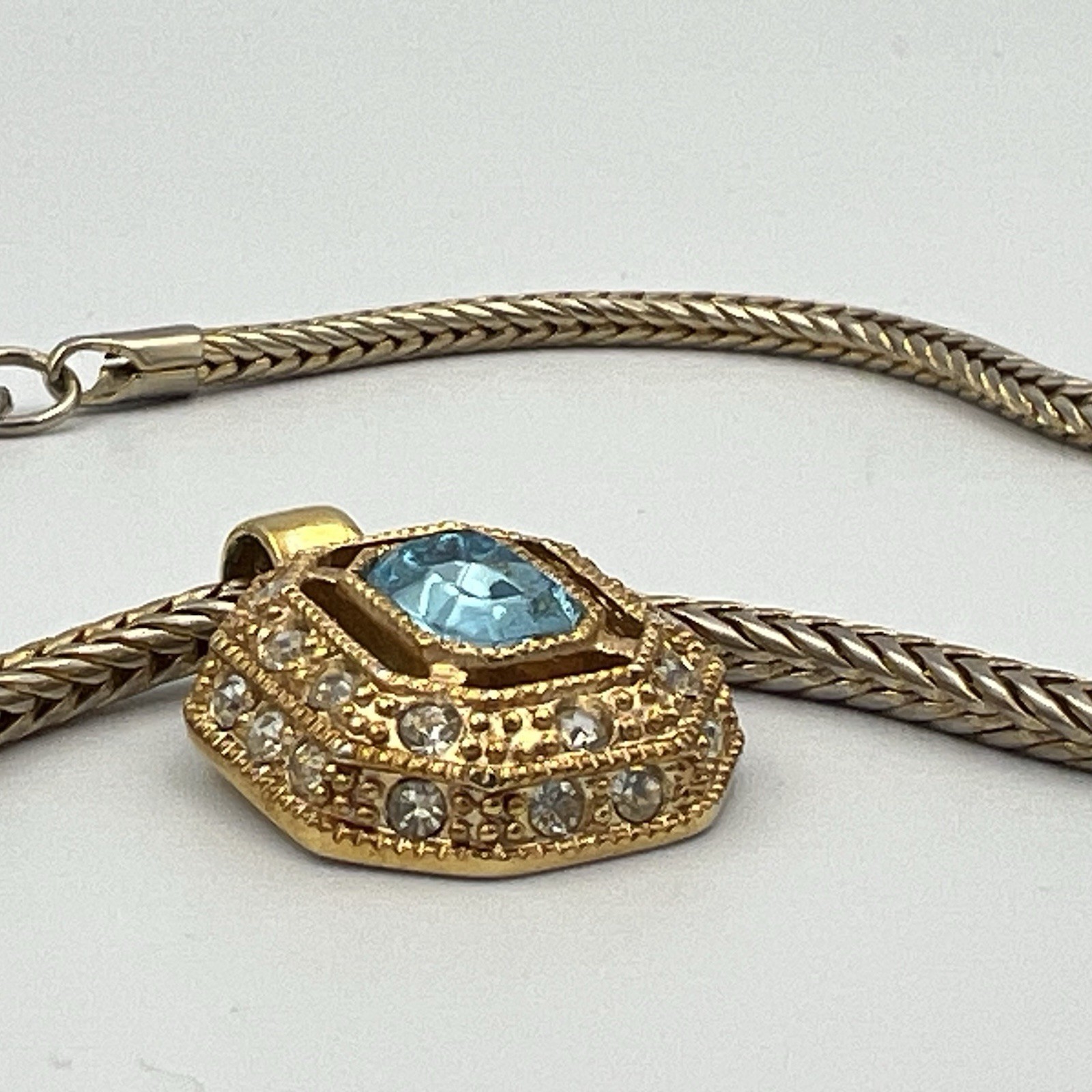 Vintage Roman Gold Tone Wheat Chain Necklace Signed Blue Glass Pendant