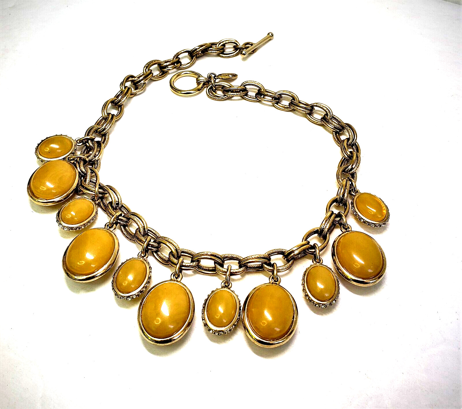 Bib Fringe Necklace Ann Taylor Toggle Butterscotch Yellow Cabochon Beaded VTG