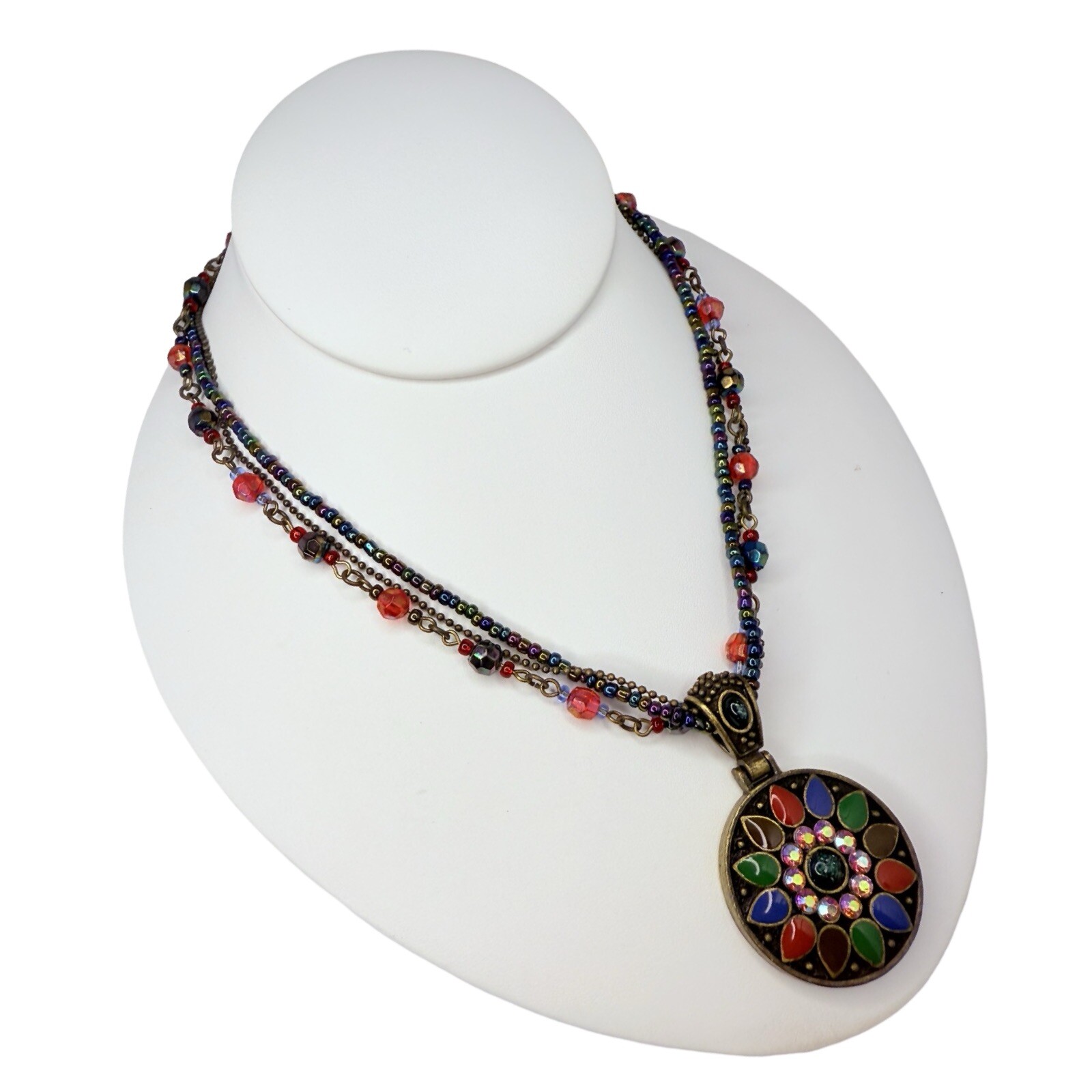 Multicolor Necklace Statement Pendant 19″ Beaded Layered Chain Bohemian