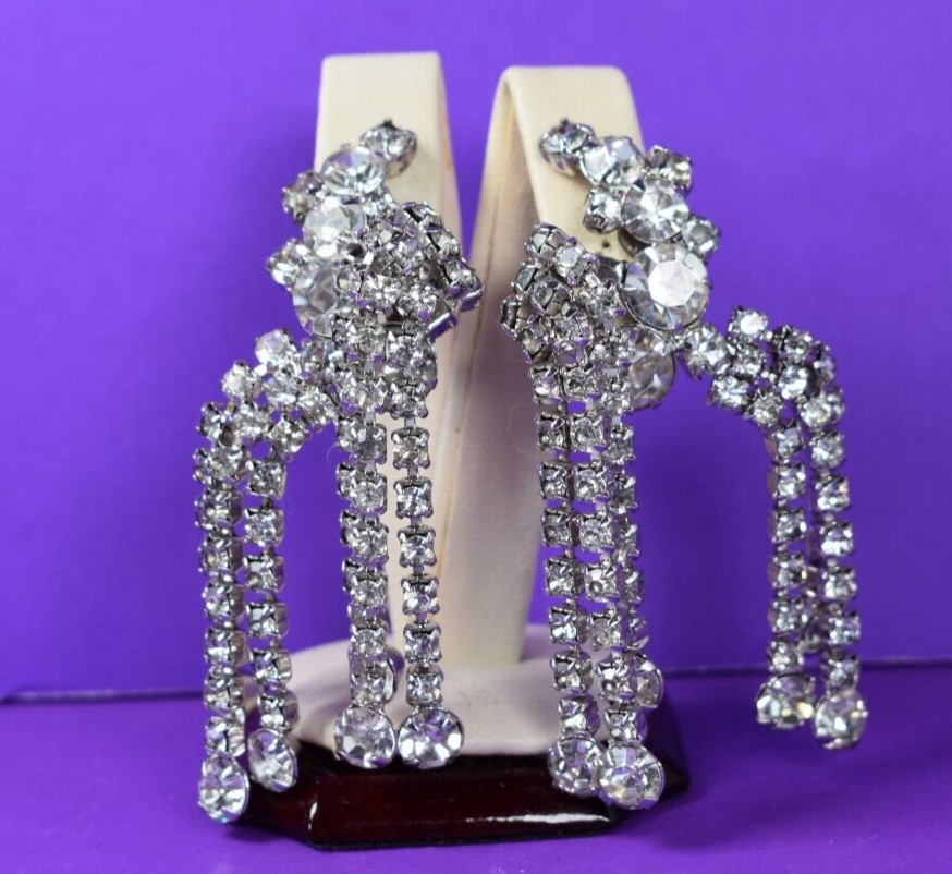 Rare La Roco Quality Designer Chandelier Dangle Rhinestone Clip Earrings 2.9″
