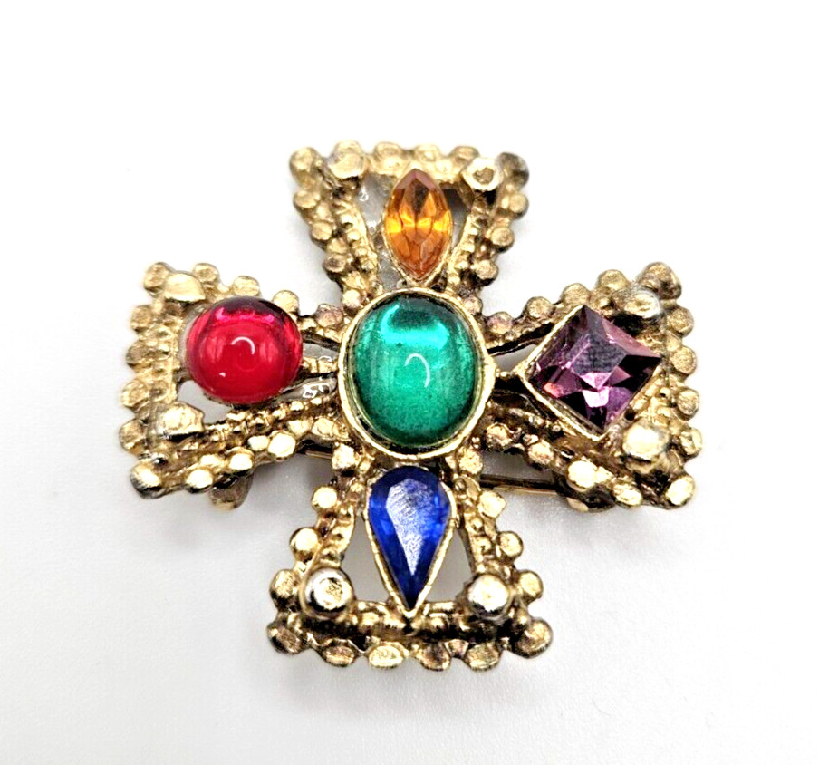 SMALL MALTESE CROSS VINTAGE GLASS STONES JEWEL TONES DIFFERENT SHAPES PIN Brooch