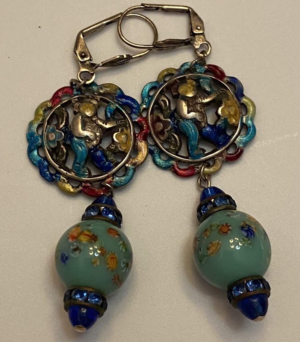 Vintage Asian Themed Colorful Ronde Bosse Enamel Art Glass Rhinestone Earrings