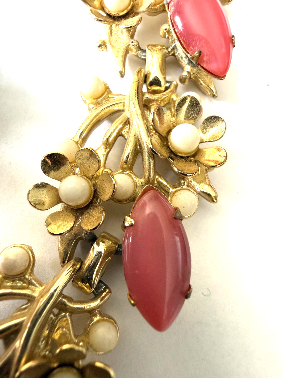 Vintage Floral Cluster Necklace and Clip On Earrings Set W/ Pink Marquis Stones