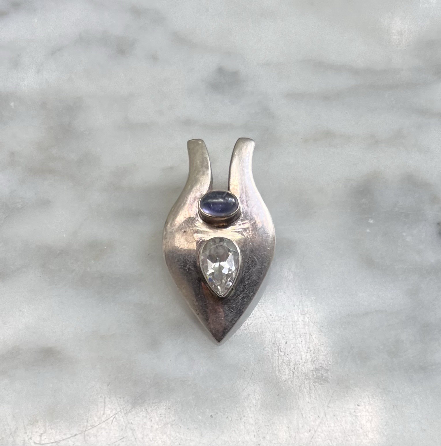 Vintage Pale Blue Topaz & White Topaz Modernist Sterling Silver Necklace Pendant