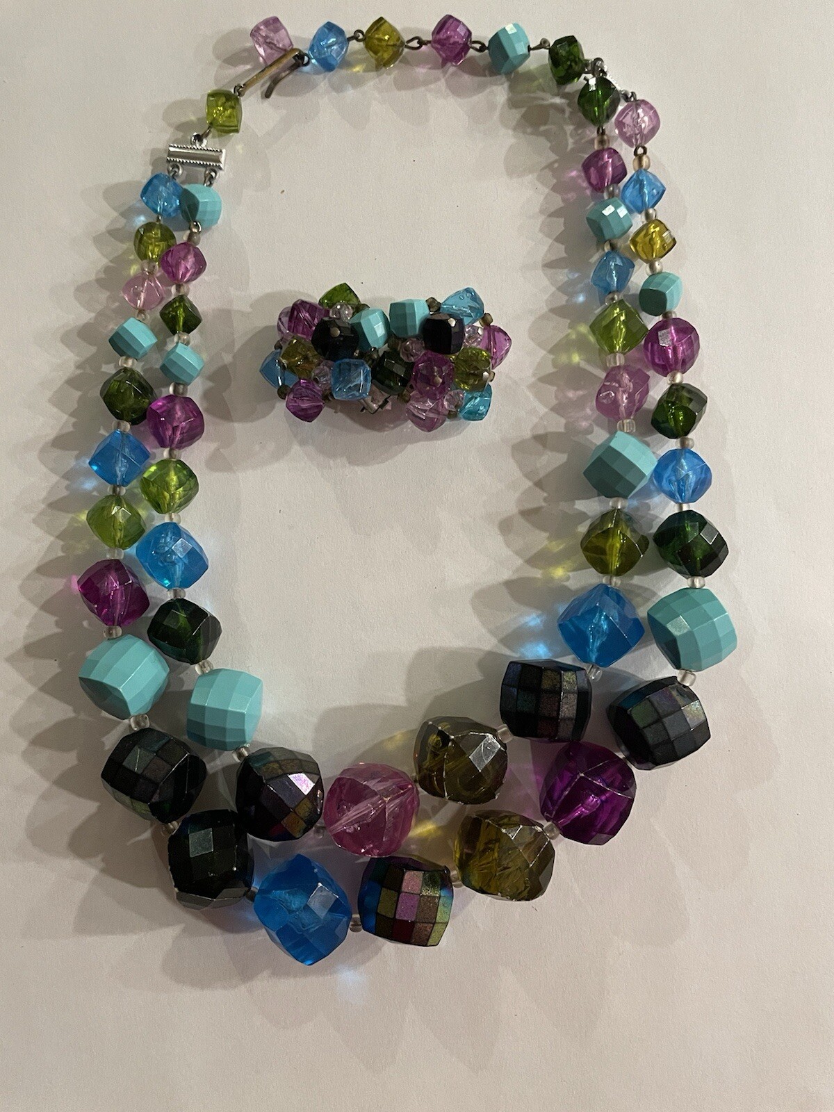 Purple, Teal, Blue, Green West Germany Clip On Earrings And Necklace Vintage