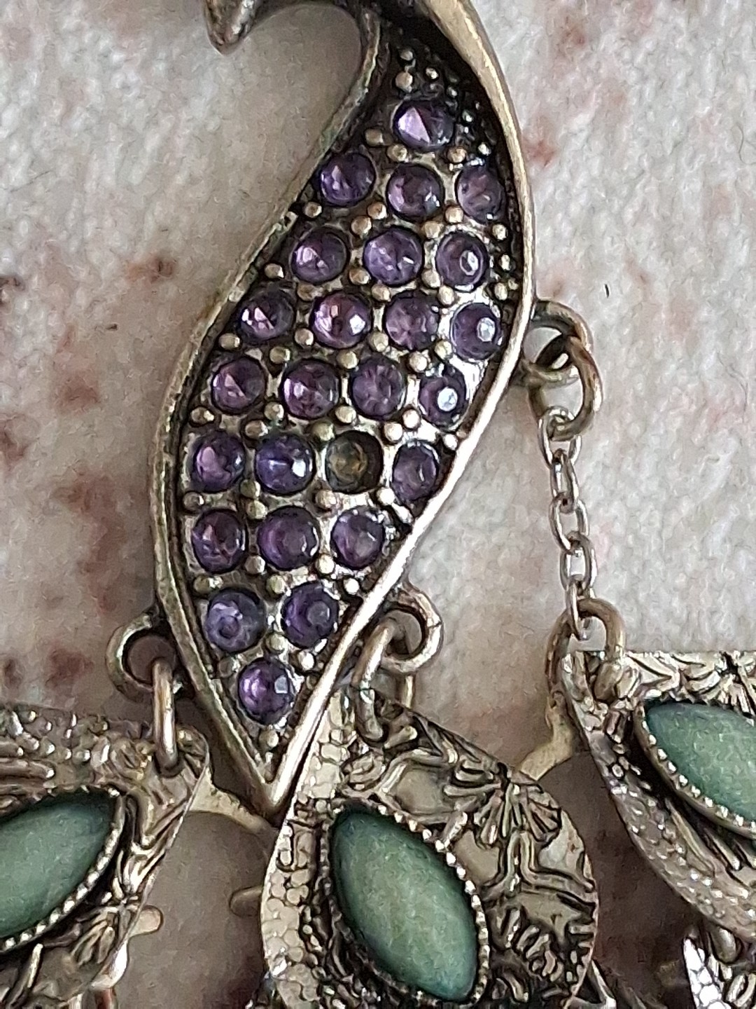 Boho Vintage Peacock Pendant Articulated Purple Green Rhinestones No Chain