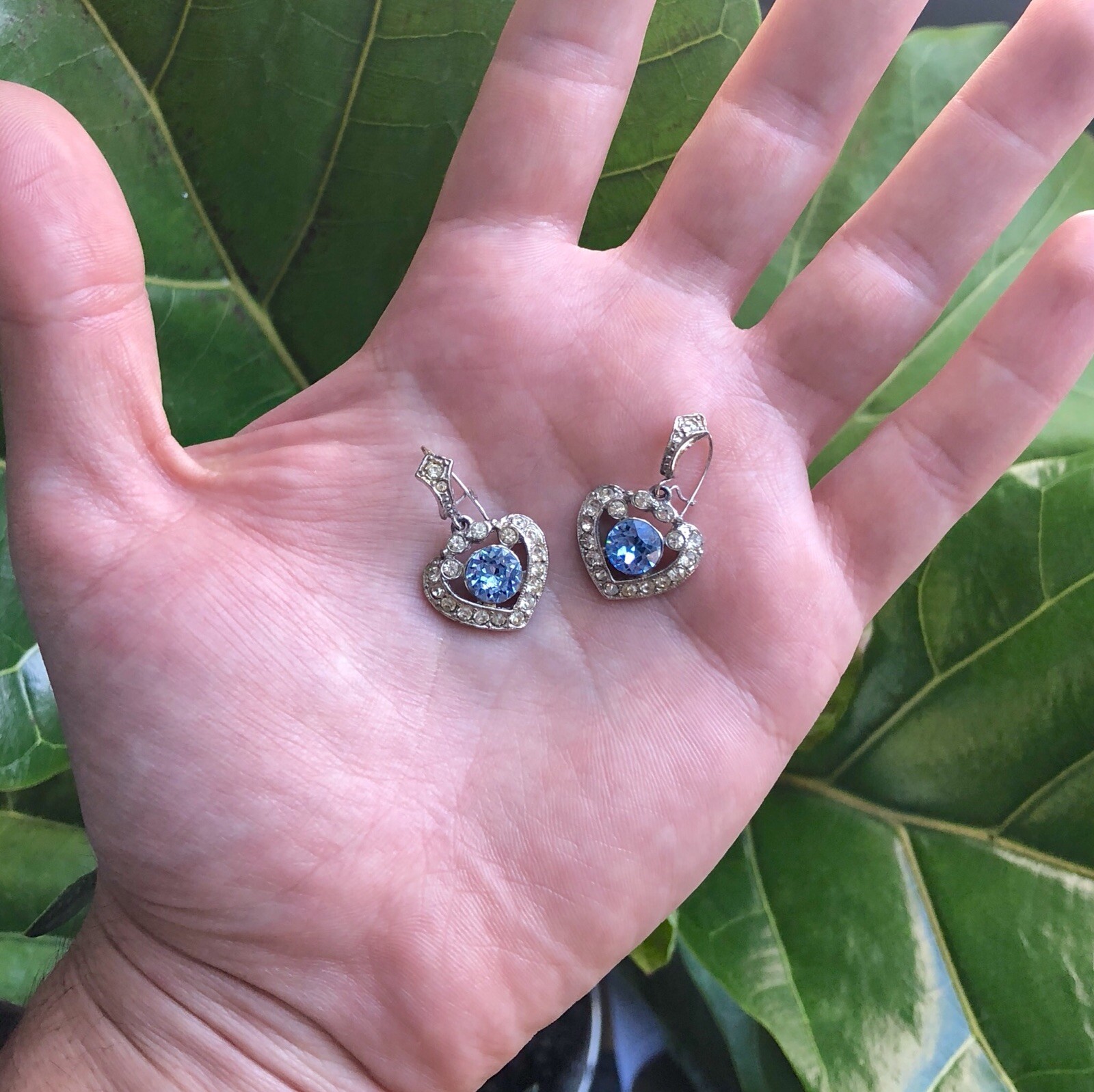 Vintage Albion Heart Earrings Blue Rhinestone Pavé Silver Tone 1930s – 1950s