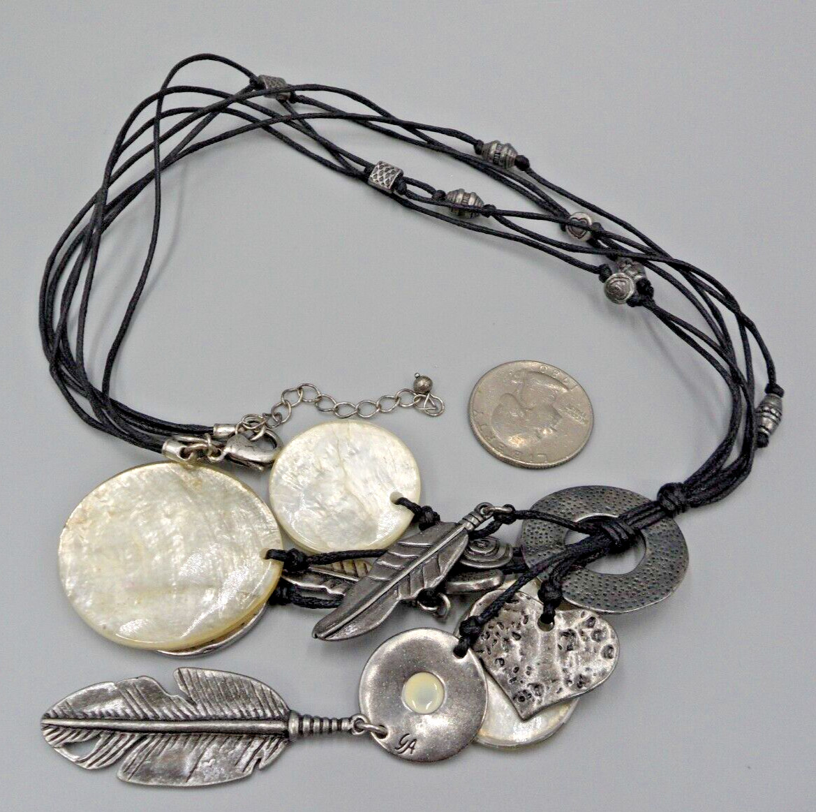 Beaded Charm Tassel Pendant Necklace Faux Shell Heart Feather Tribal Station Vtg