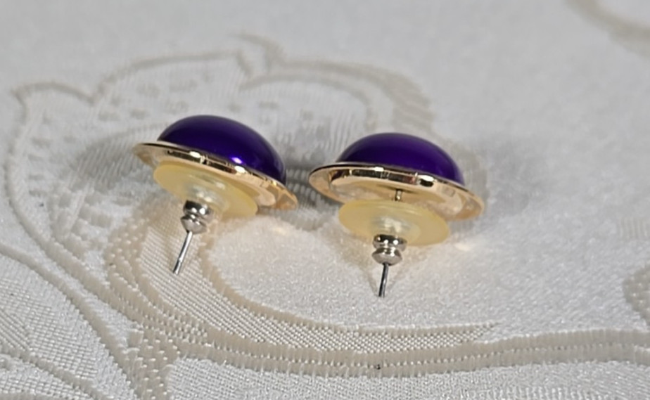 2 Pair Pierced Earrings purple gold & green white domed button plastic