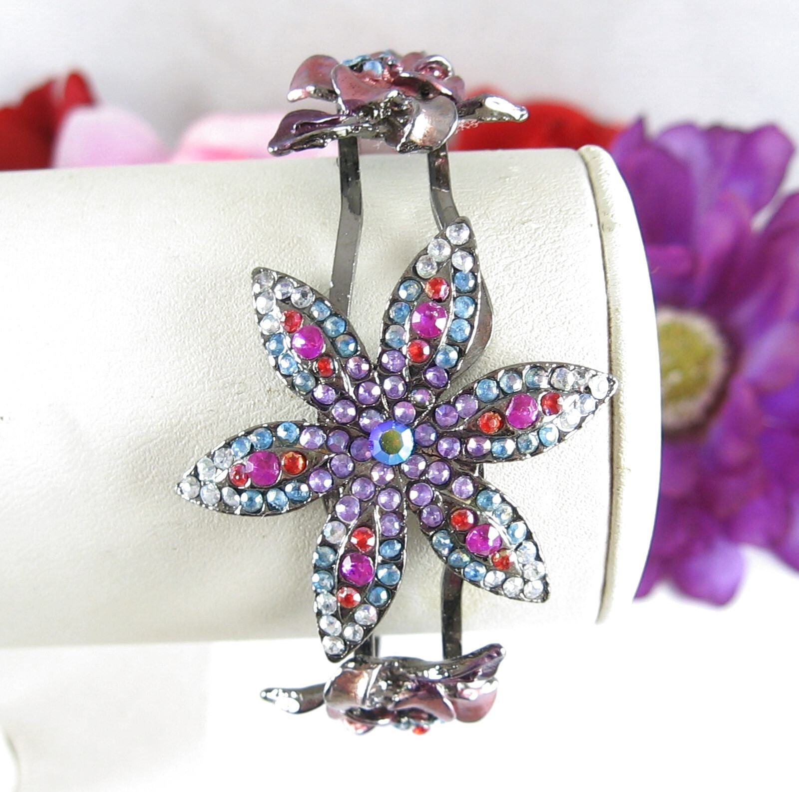 Color RHINESTONE CLAMPER BRACELET Vintage Flowers Pink Purple Gunmetal Gray