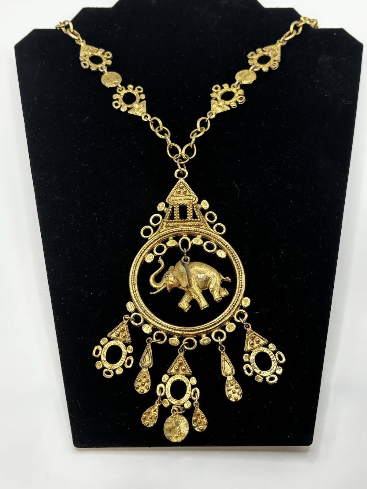 Vintage Statement Gold Tone Textured Fringe ART Exotic Pagoda Necklace Pendant