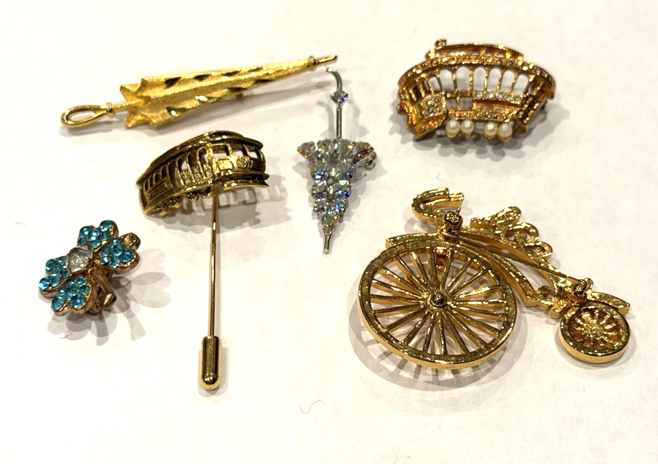 UNICYCLE SPINNER SAN FRAN TROLLEY CAR RHINESTONE UMBRELLA Vintage Brooch LOT 5
