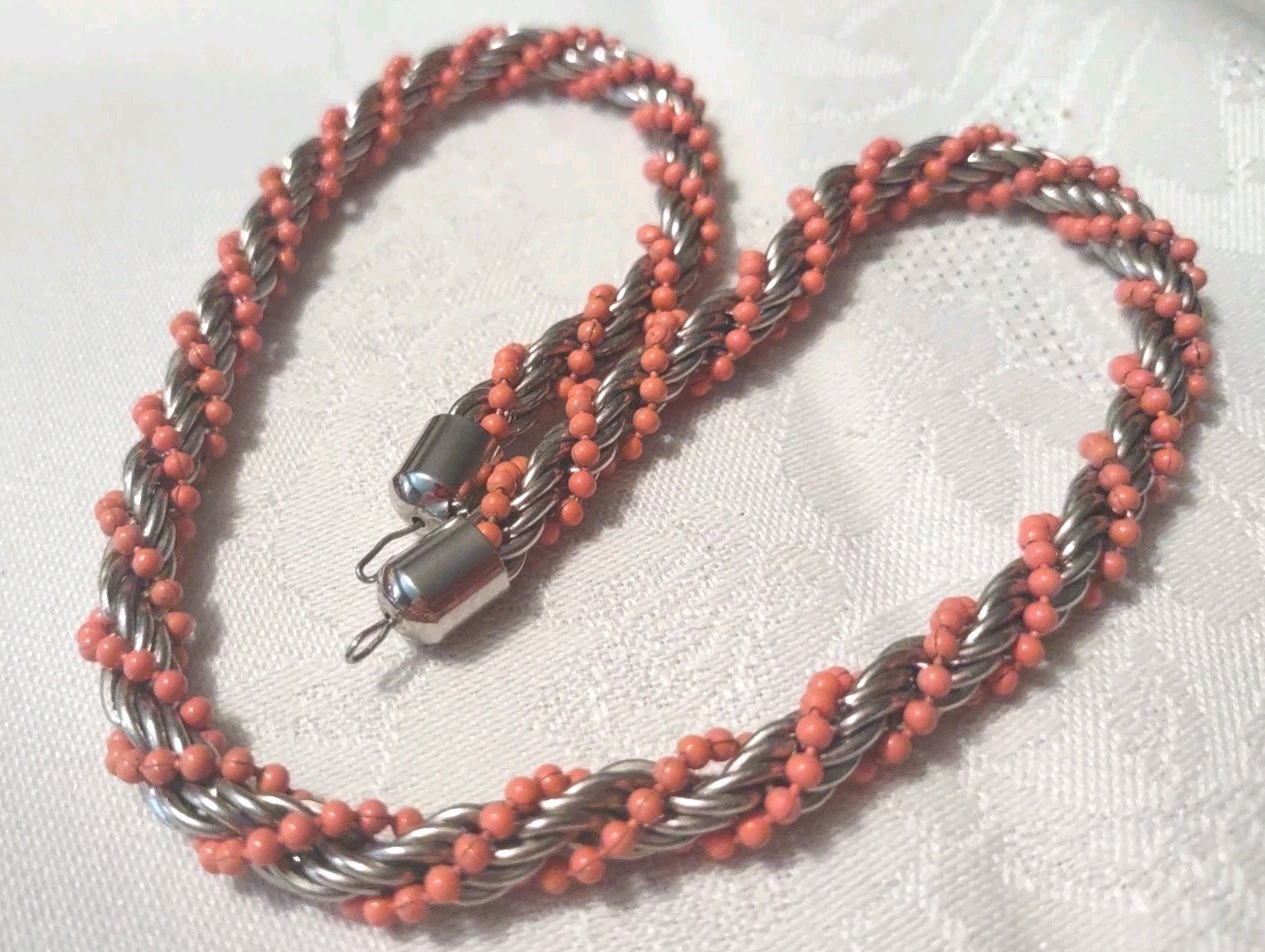 vintage faux coral bead silver tone twist choker 17.5 in