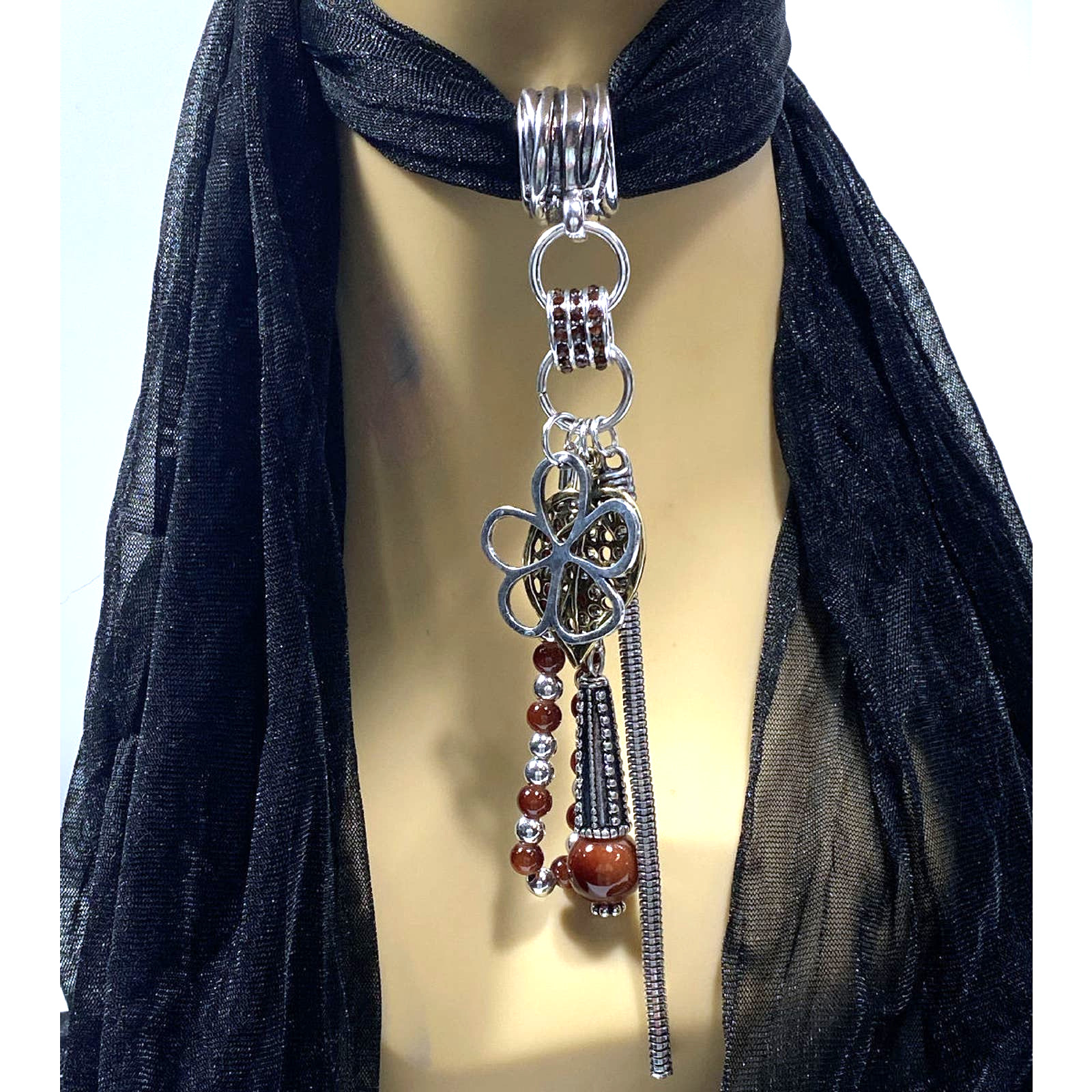Tiger Eye Smoky Quartz Scarf Slider Necklace Pendants Set of 2 Large 6″ Manual