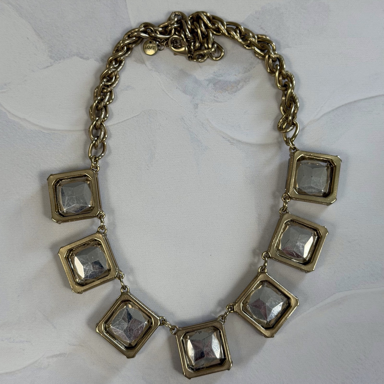 Loft White Acrylic Statement Necklace Faceted Square Bezel-Set Gems VTG 2000s