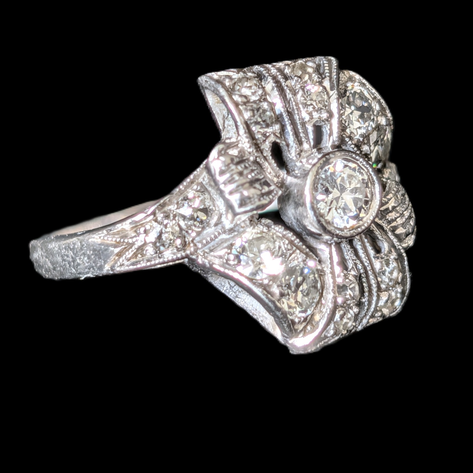 Edwardian Era Old European Cut Diamonds Platinum Cocktail Ring Floral Antique