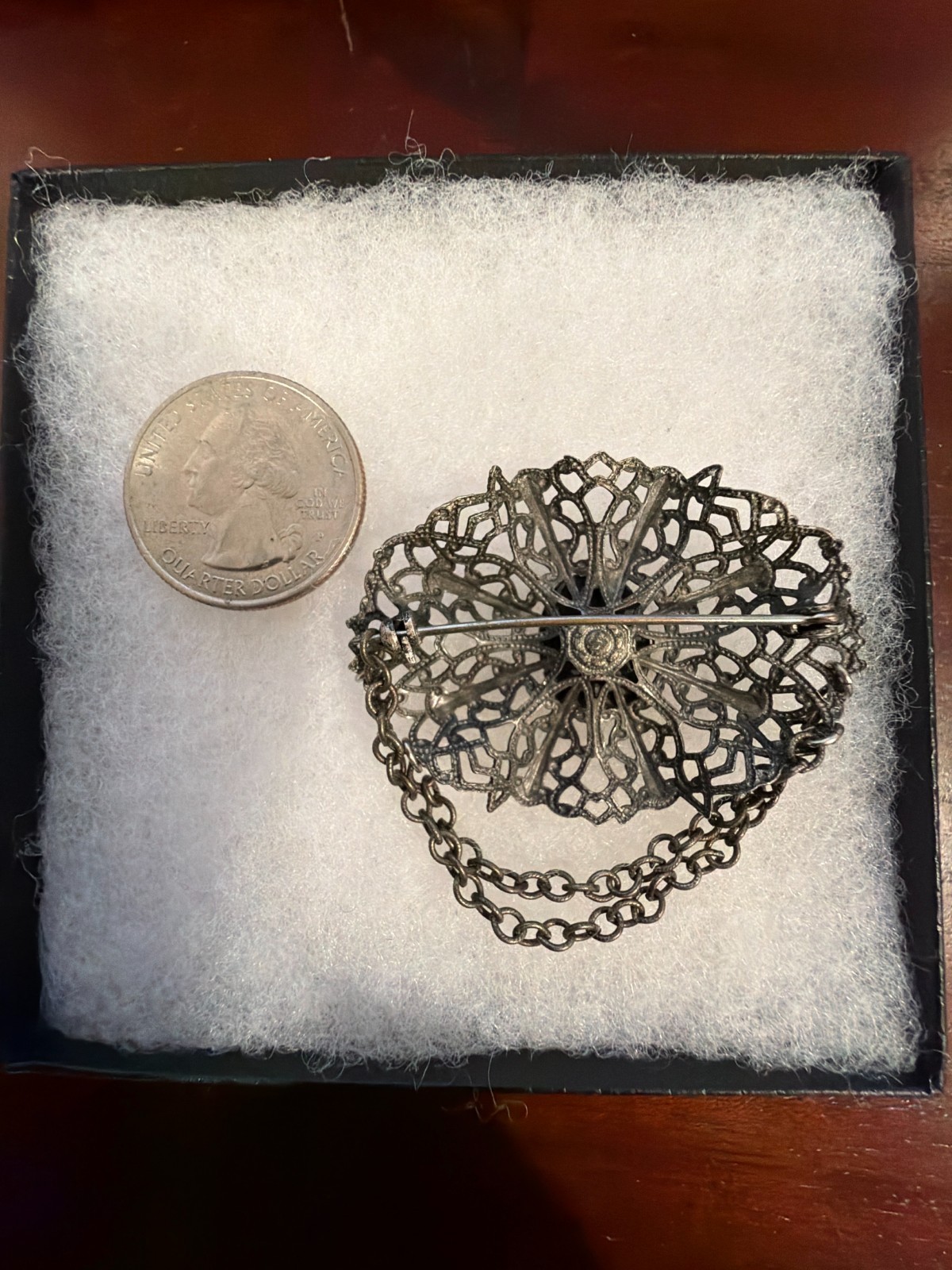 #55 – Vintage Filigree Brooch with Pink Glass Cabochon (Magnetic)