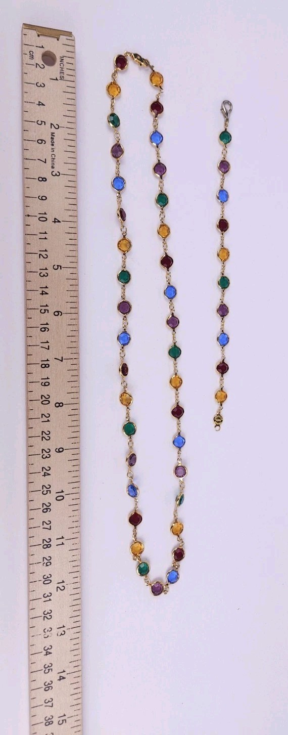 Vintage Austrian USA Colorful Crystal Goldtone Bezel Necklace Bracelet Set