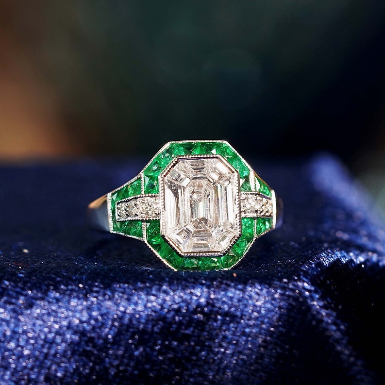 Art Deco 3Ct Lab Created Diamond and Emerald Anniversary 14K White Gold FN Ring