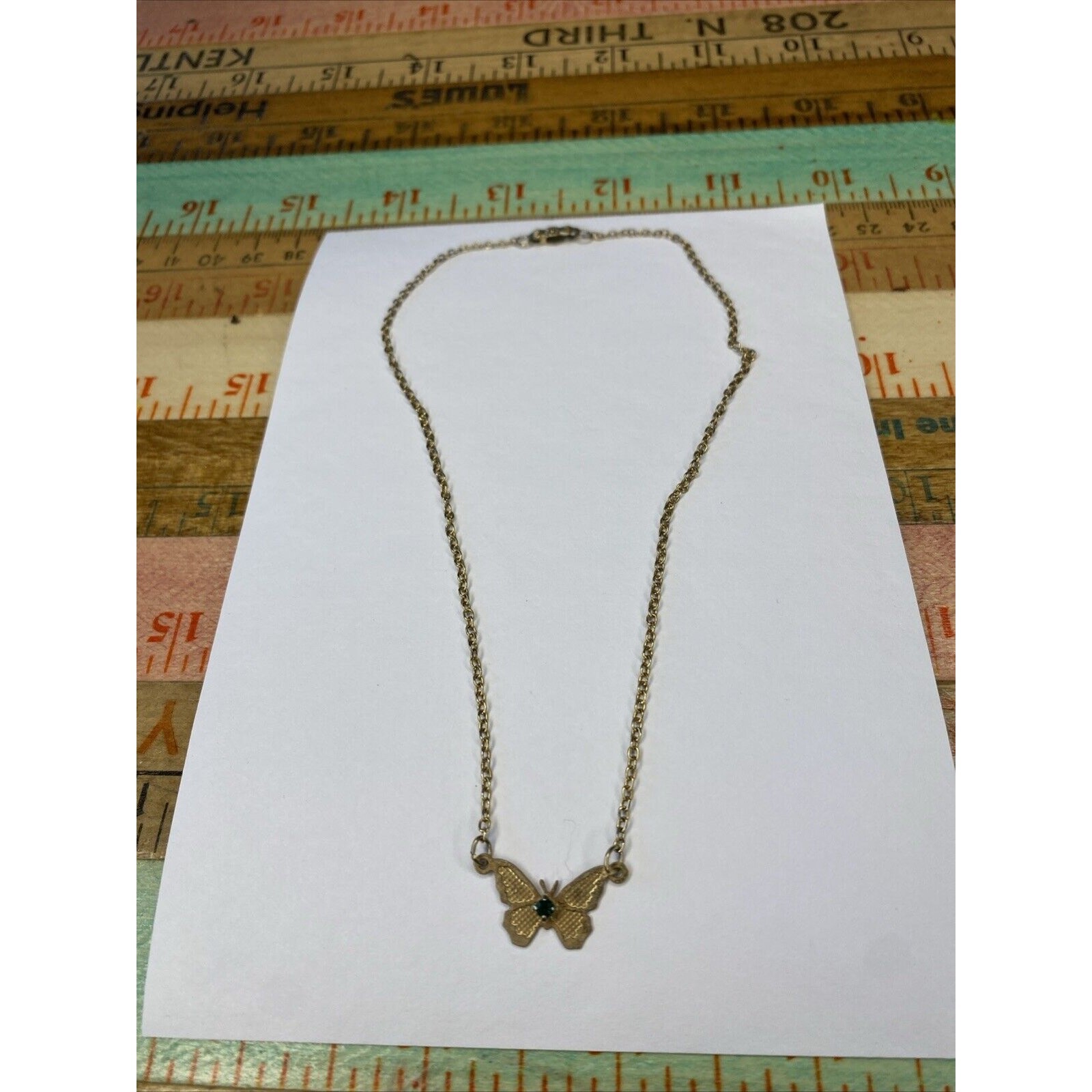 Vintage 70s S Girls Goldtone Butterfly Green Rhinestone May Birth Necklaces 2