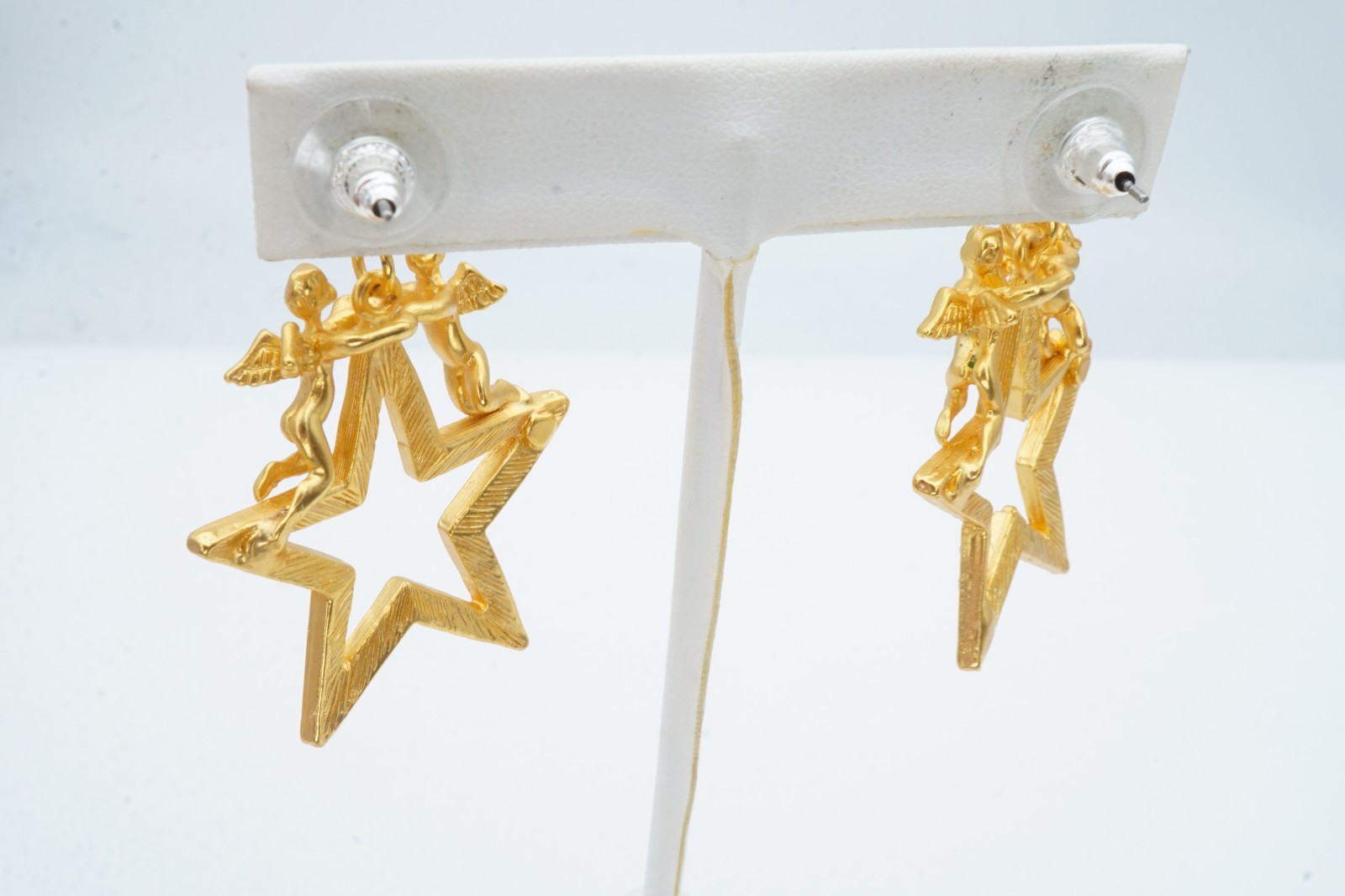 Vintage Earrings Gold Tone Rhinestone Angels Stars