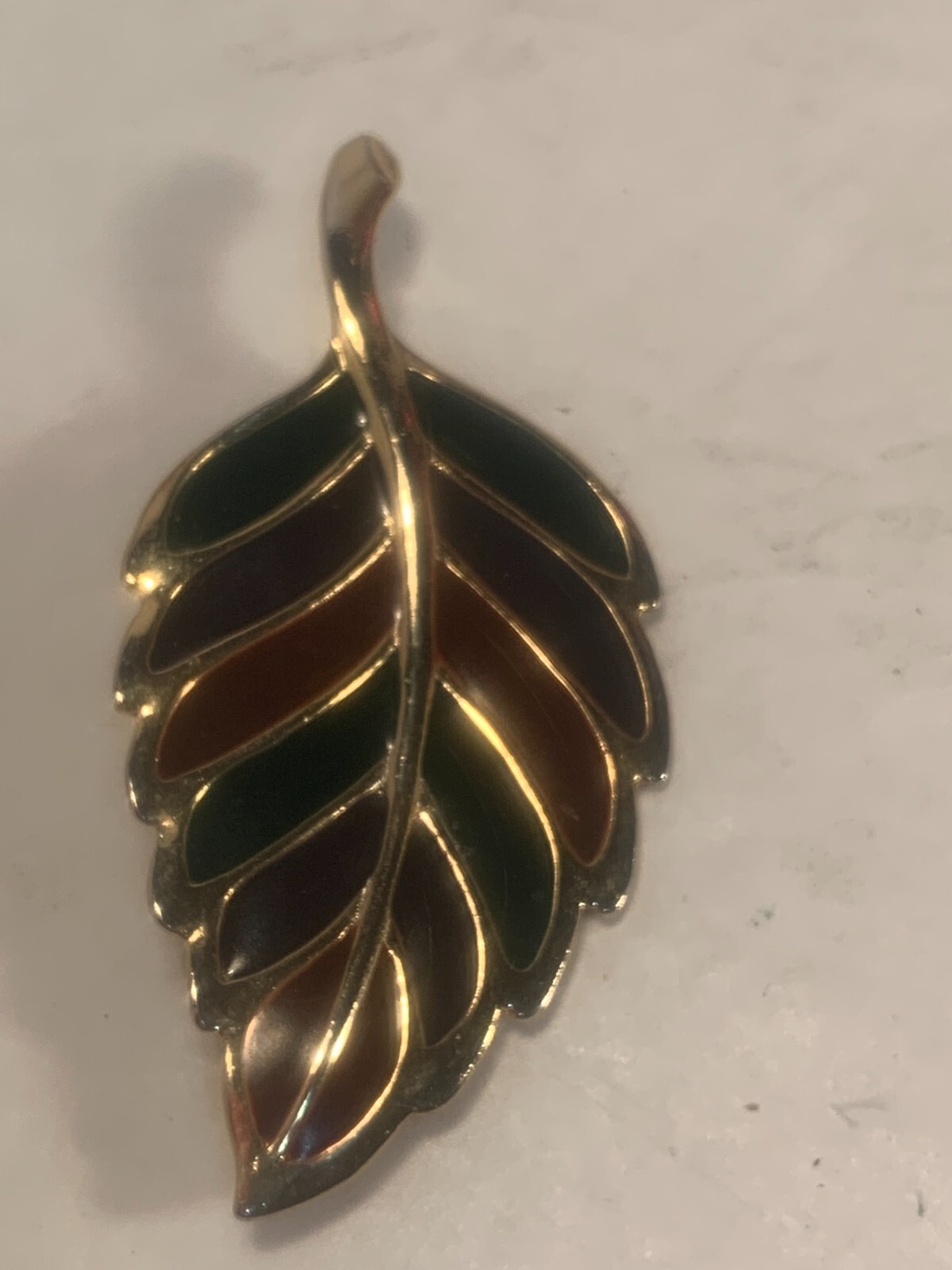 Gold Colored Metal, Red and Green Enameling, Leaf Pin/Brooch, Fall, Christmas