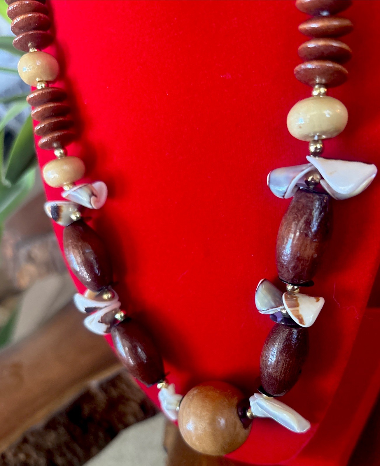 Vintage Unique Handmade Wooden & Shell Beaded Statement Necklace