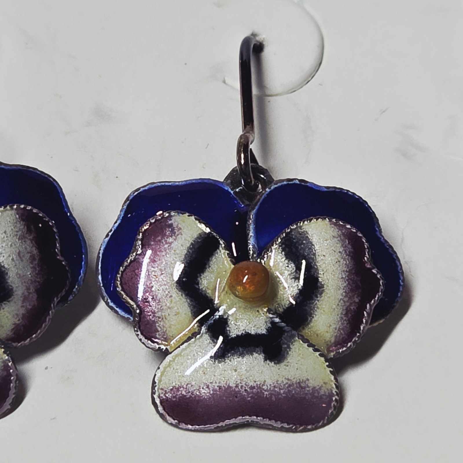 NEW Vintage Thousand Flowers Enamel Pansy Flower Sterling Silver Wire Earrings