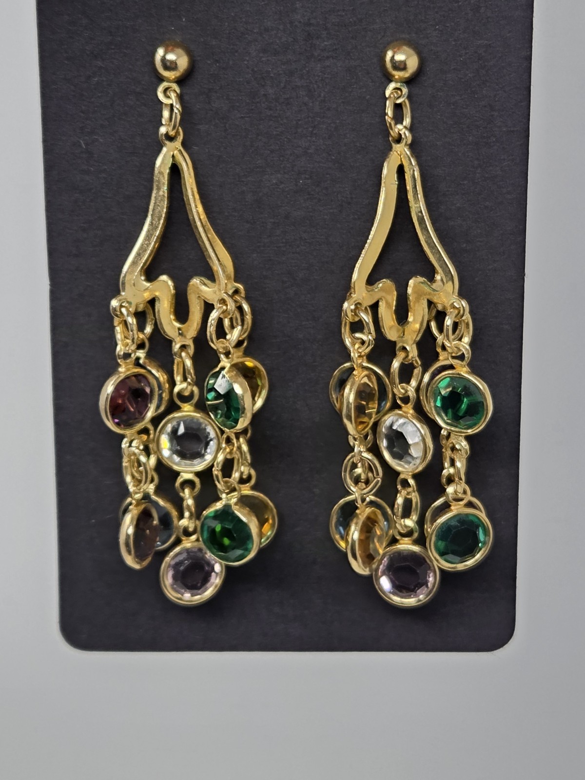 Multicolor Bezel Crystal Dangle Drop Earrings Multi-strand Vintage Unsigned