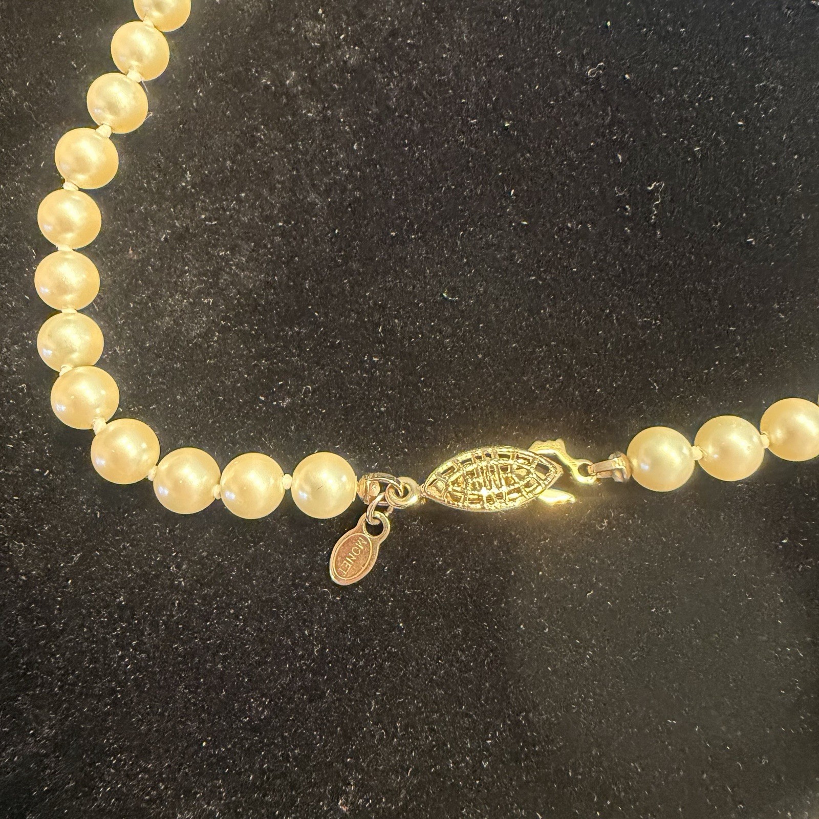Vintage Monet Faux Pearl Necklace 1950s Filigree Fish Hook Clasp Signed Bridal