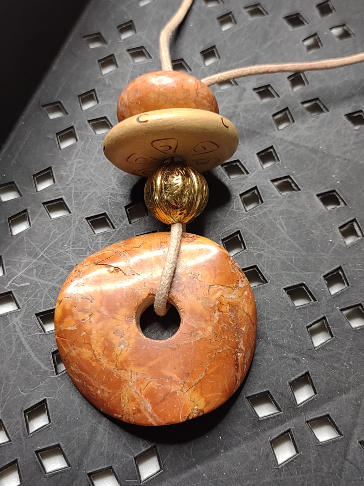 Heavy Vintage Donut Shaped Stone Bead Pendant Necklace