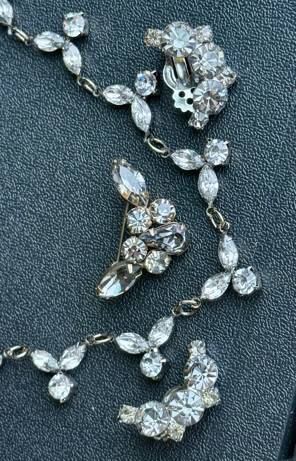 Vintage Designer Jewelry Lot Smoky Grey Rhinestone Necklace Brooch Earrings. A