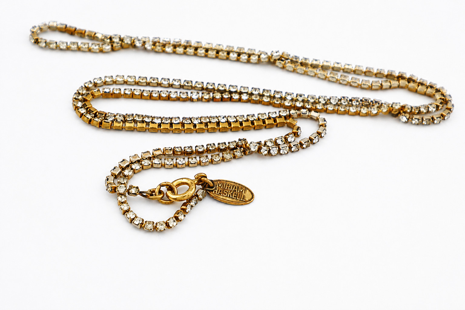 Vintage Miriam Haskell 30″ Gold Plated Rhinestone Cup Chain Necklace *Signed*