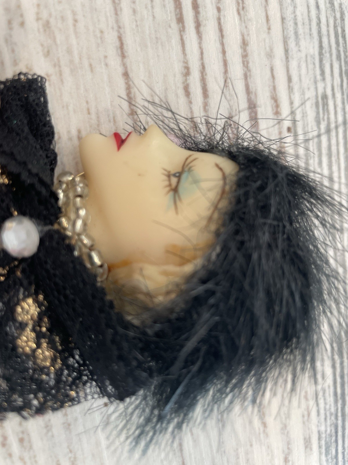 Vtg Statement Brooch 1920s Style Lady With Faux Fur Hat 3×2 Inches
