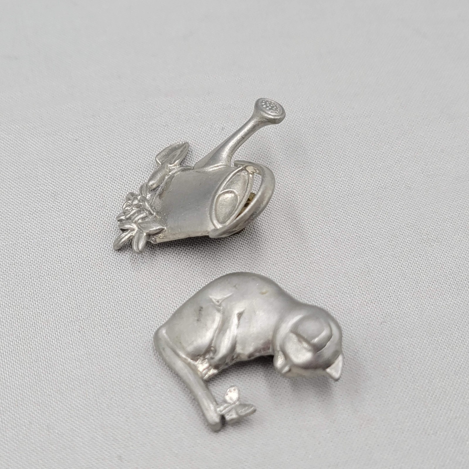 Vintage Pewter Brooch Kitty Cat Butterfly Gardening Silver tone Lot of 2 1.25″