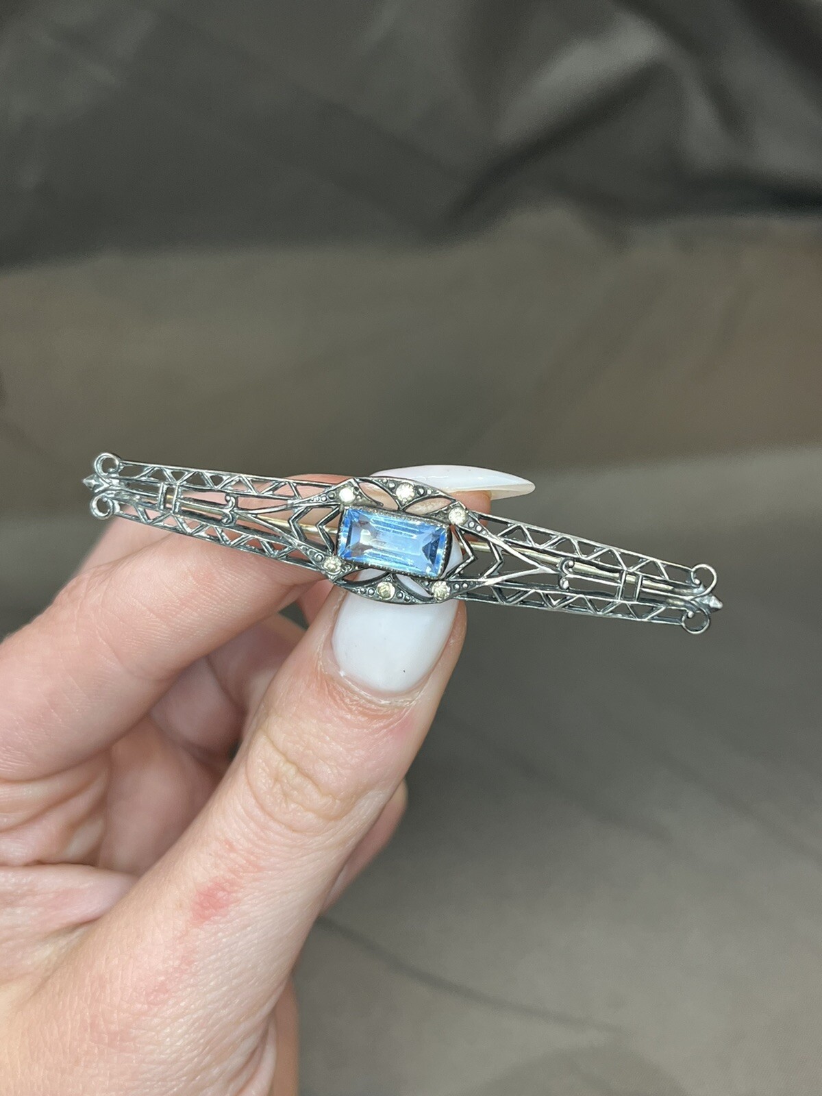 Antique Sterling Silver ART DECO Open Work Bar Brooch Blue Iolite ? & Glass