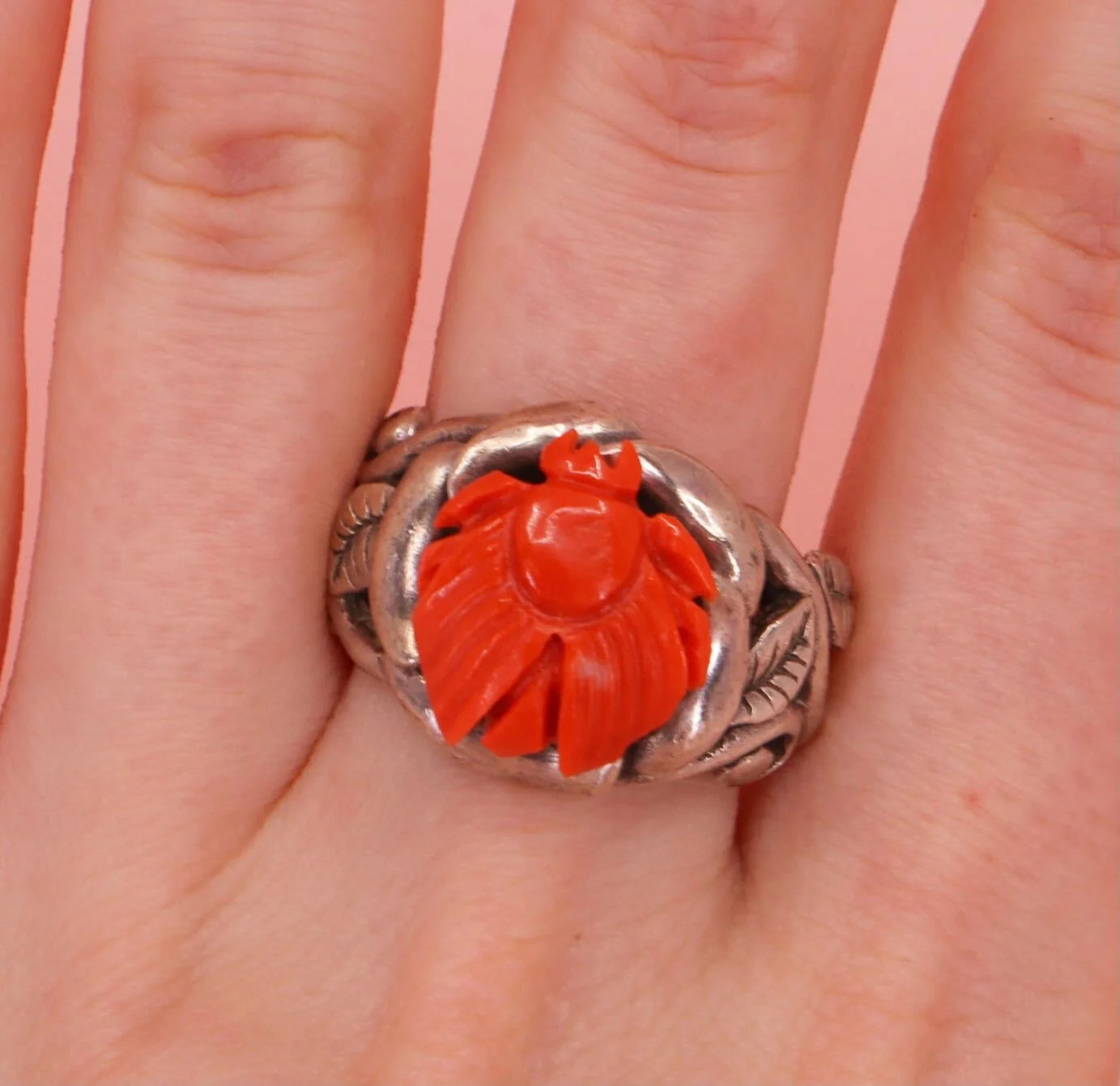 By Danilova, Japanese Satsuma Momo 1.5cm Carved Coral Cameo, Silver Ring, Size Q