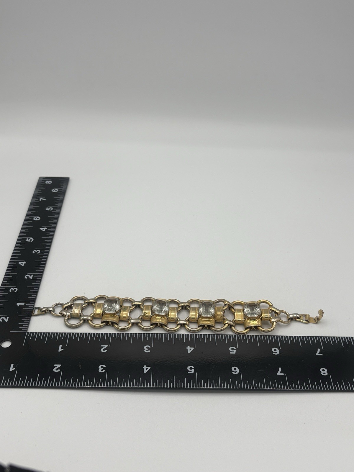 Vtg Two Tone Panel Link Bracelet Emerald Cut Clear Rhinestone Crystal 7.25″ 1510